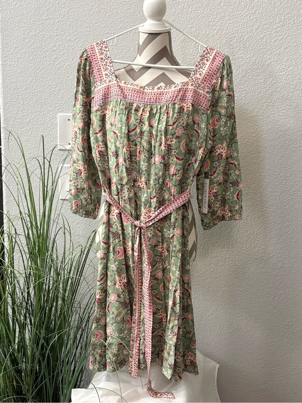 Luxology Sage Green Floral Midi Dress with Pink Trim